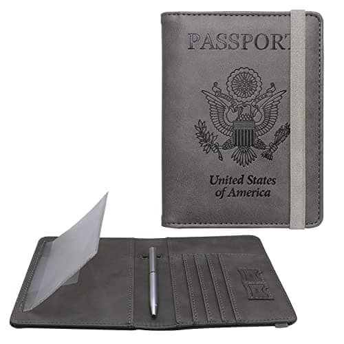 WALNEW Passport Holder for Travel, RFID Passport Cover Wallet for Women Men, PU Leather Passport Book Card Holder Case with Pen, Travelling Essentials for Flying