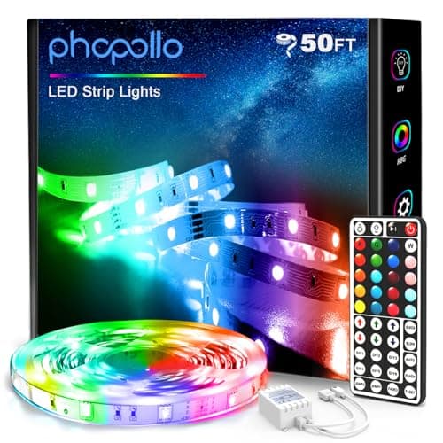 phopollo LED Lights for Bedroom 50FT, 5050 LED Strip Lights with 44 Key IR Remote Controller and 12V Power Supply for Home Decoration