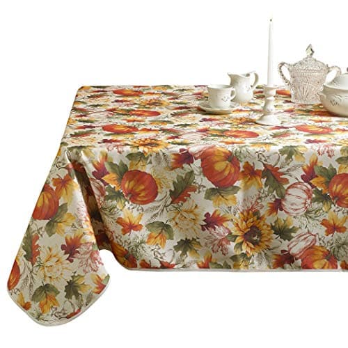 Violet Linen European Fall Harvest Pumpkins and Autumn Leaves Printed Tablecloth - 52" x 70"