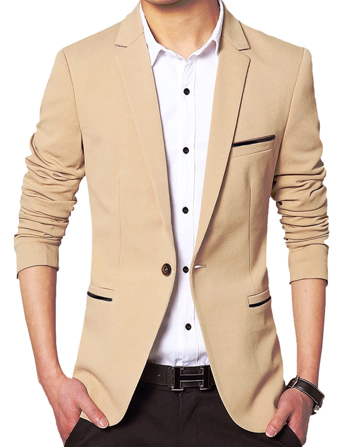 DAVIDANN Mens Slim Fit Suits Casual One Button Flap Pockets Solid Blazer JacketKhakiLarge