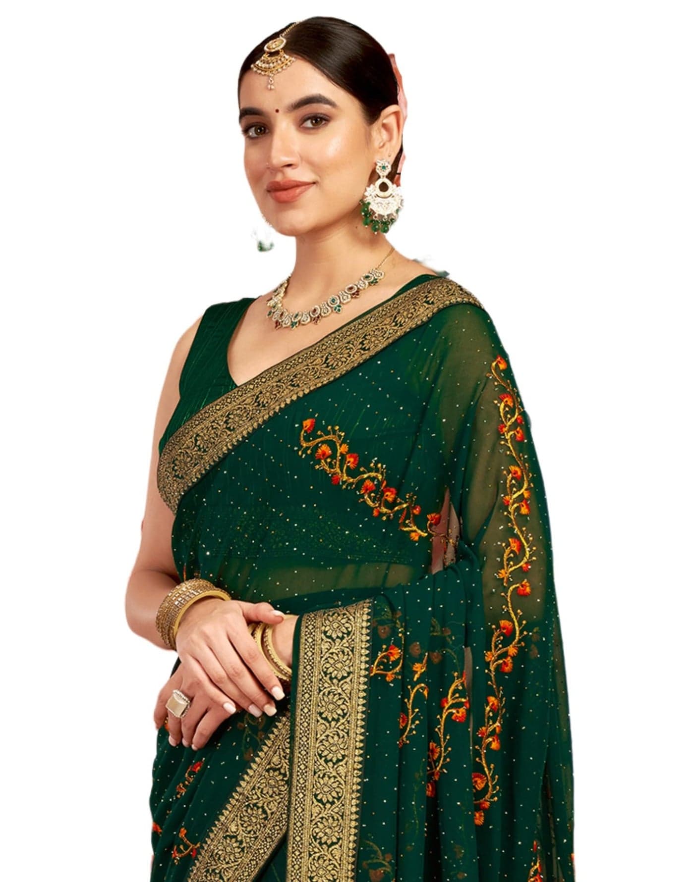 SIRIL Women's Georgette Embroidery Stone Work Saree With Unstitched Blouse Piece (4065S2831_Dark Green)