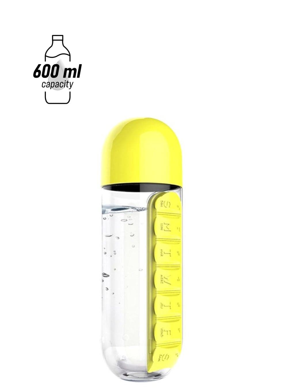 Plastic Water Bottle With Daily Pill Box Organizer Yellow 23.5x6.9cm