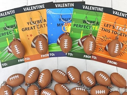 Football Valentines Gifts Cards with Stress Ball Keychains for Kids Class28 Pack FootBall Keychain Toys Exchange Cards for Classroom Boys GirlsValentine Non Candy Treats School Prizes for Students