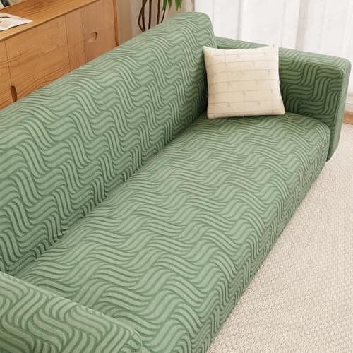 Lukzer 2 Seater Pastel Green Ripple Lines Pattern Sofa Cover | 240 GSM Universal Stretch Fit Jacquard Fabric Couch Protector | Fully Covered Anti Slip & Washable Sofa Cover | (140-180cm/SC-160-02)