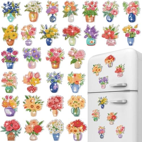 Copkim 30 Pcs Diamond Art Magnets Refrigerator Easy Art Kits Fridge Diamond Painting Magnets Stickers for Adults DIY Home Decors Flower Butterfly(Vase)