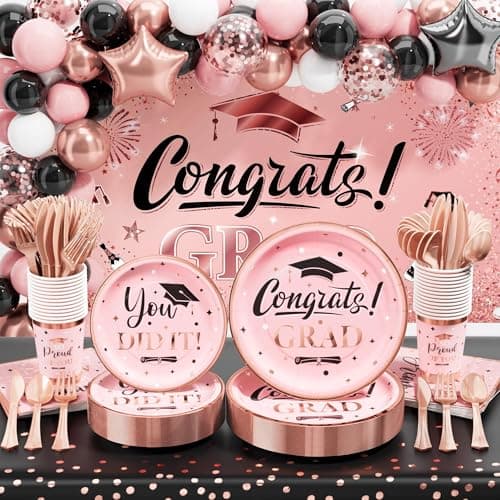 Ecomore Graduation Decoration Class of 2026 245PCS Grad Party Decor Supplies Disposable DinnerwareServe 25 Paper Plate Cup Napkin Cutlery Tablecloth Backdrop Balloon Garland KitPink Rose Gold
