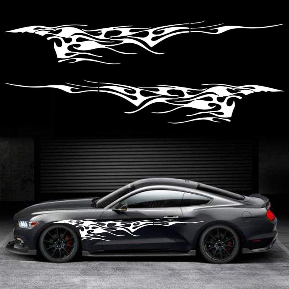 Leasinder 2Pcs 103 Universal Flame Graphics Car Auto Body Side Sticker Racing Sports SelfAdhesive Side Strip Decal Decoration Accessories for Truck SUV OffRoad Vehicles Style1 White