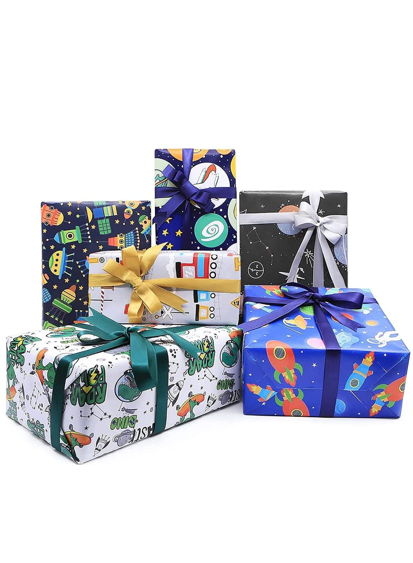 Gift Wrapping Paper sheets Set, Cartoon Birthday Paper for Boys Kids Gift Bundle Per Sheet with Stripes Stickers for Party Craft 2 Different Color Ribbons Alien Outer Space Dinosaur Car 6 Sheets