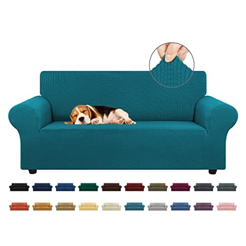 KEKUOU Stretch Loveseat Sofa Cover Slipcover,Couch Covers for 2 Cushion Couch Sofa (55"-78") Furniture Protector Sofa with Elastic Bottom for Kids,Dog. Jacquard Small Checked (Medium,Peacock Blue)
