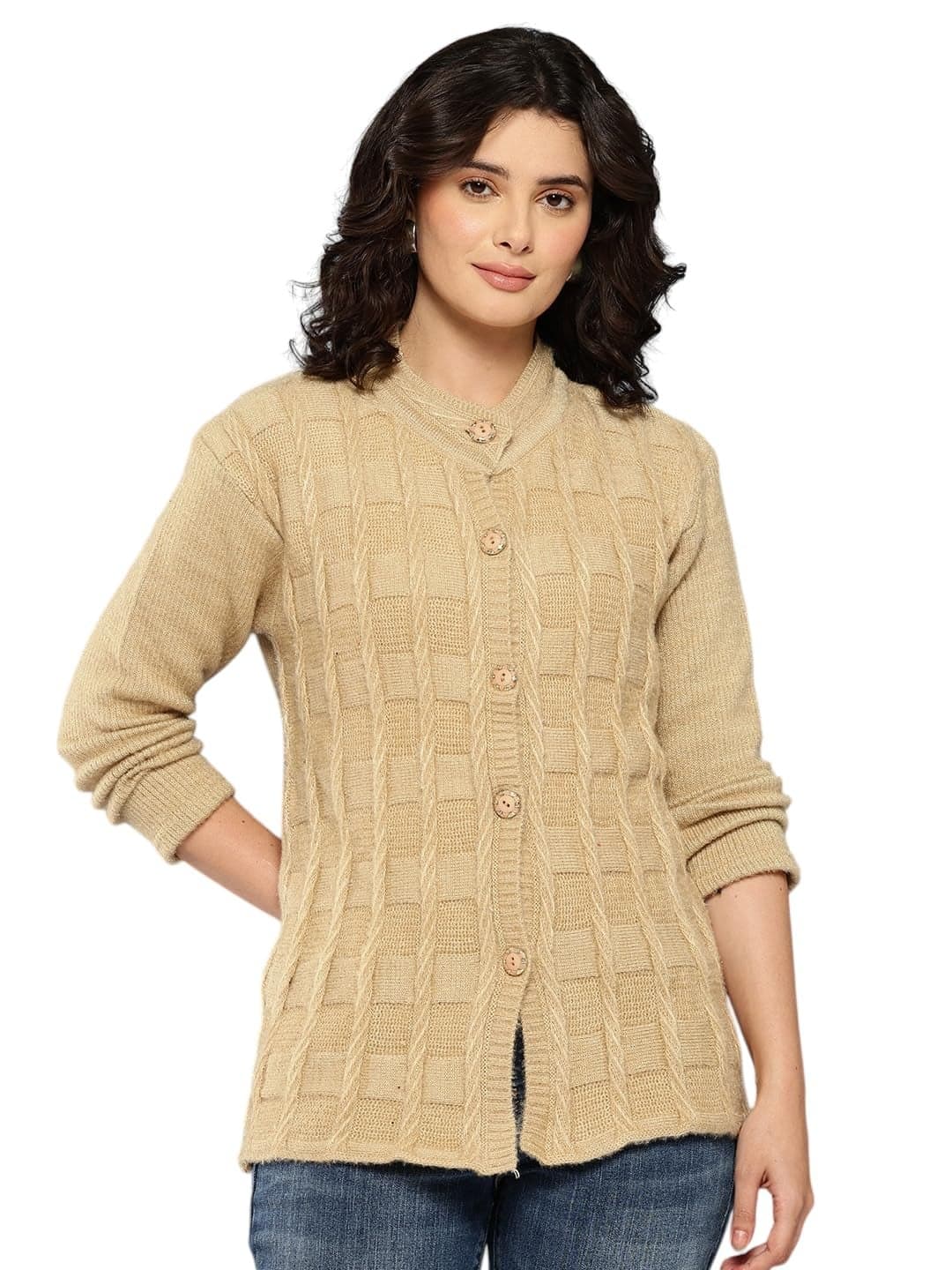 Aarika Womens Winter Wear Beige Colour Solid Woolen Cardigan-(S-L)-(CG-W-MD-32-BEIGE-S)