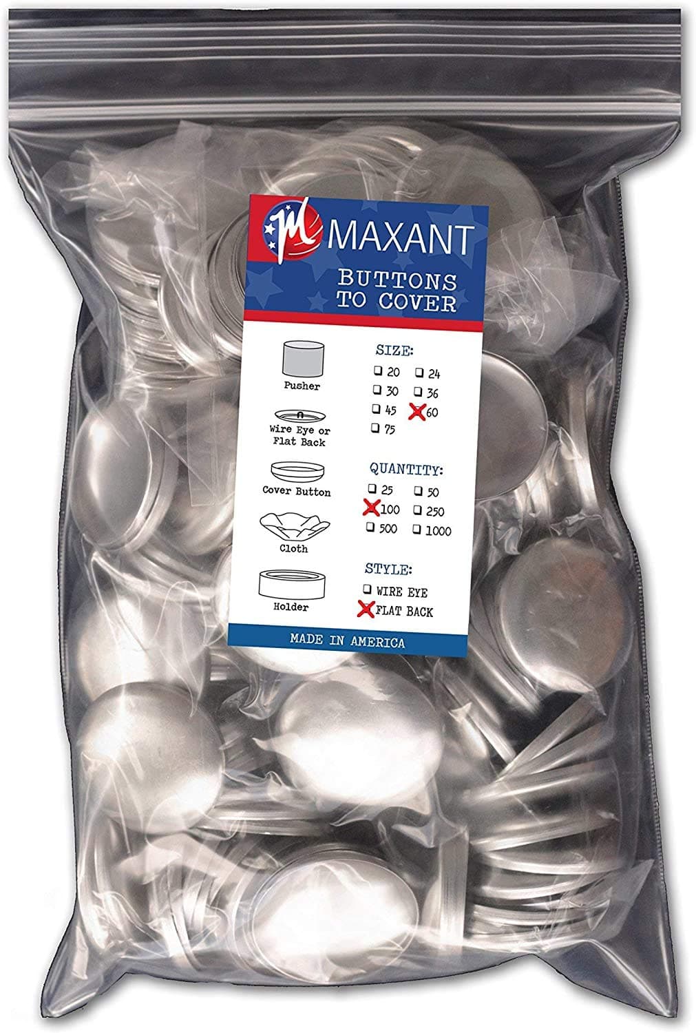 100 Cover Buttons by Maxant Made in The USA 60 1 12 with Flat Backs Ideal for Crafting NO Tool