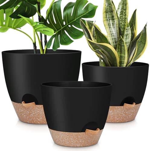 YNNICO 12" 10" 9" Large Self Watering Plant Pots, 3 Pack Flower Pots Planters with Multi Mesh Drainage Holes for Indoor Outdoor Garden Plants and Flowers (Black)