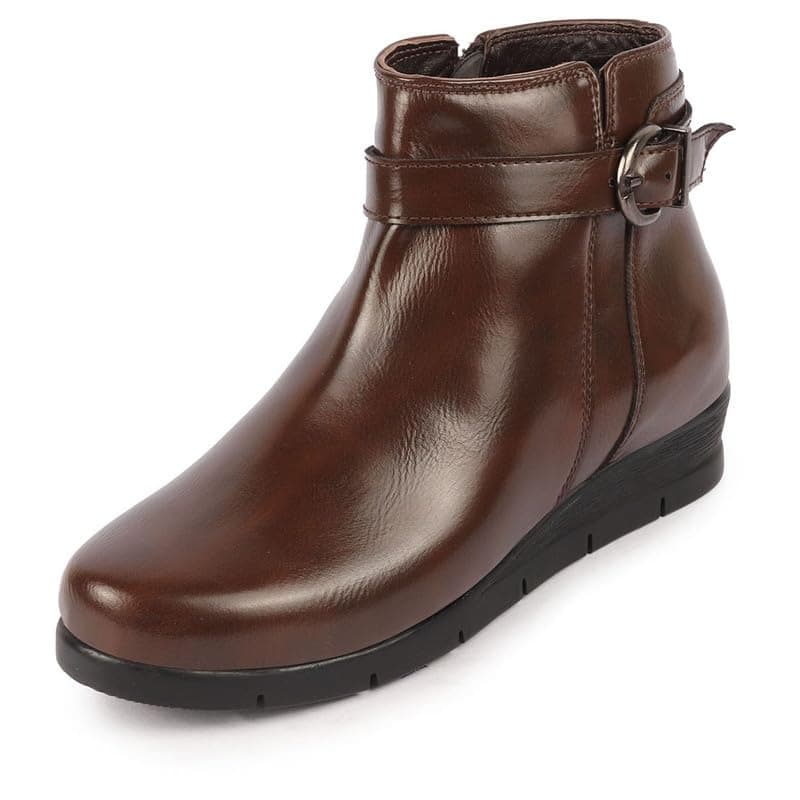 FAUSTO FST KI-919 BROWN-37 Women's Brown High Ankle Broad Feet Side Zipper Closure Casual Buckle Boots (4 UK)