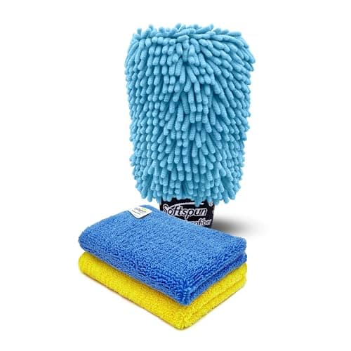 SOFTSPUN Microfiber Single Side 1 Piece Chenille,1700 GSM Sky Blue+20 * 30cm Cleaning Wipe 2Pcs | Multi-Purpose Super Absorbent and Perfect Wash Cleaning for Bike Auto,Cars Both Interior and Exterior