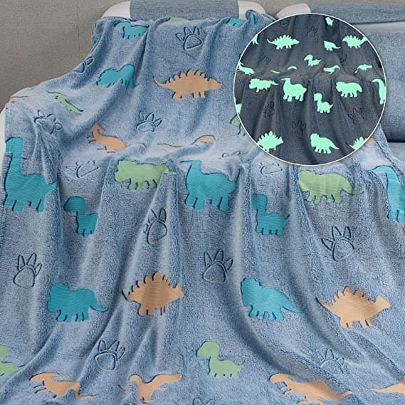 Happy Hues Glow in The Dark Blanket Dinosaur 70 x 60 inch 180cm x 152cm Gifts for Toddler KidsTeens Boys Girls Travel Lightweight Throw Blankets Soft Cozy Fluffy Blue Polyester TC 230