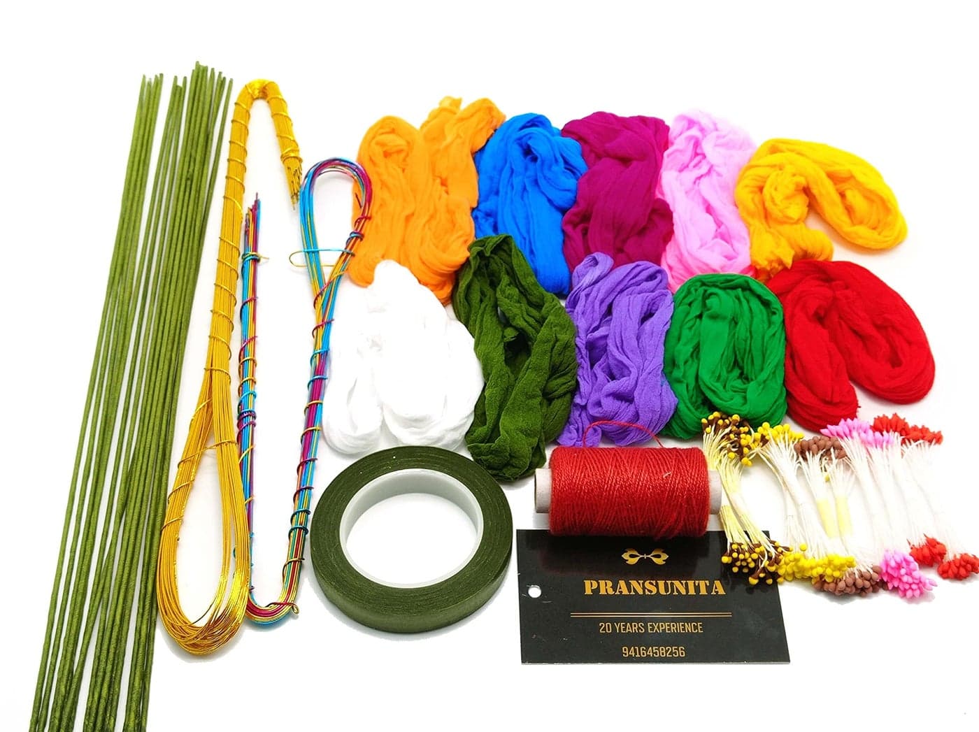 PRANSUNITA Cotton Complete Stocking Flower Making Kit For Beginners - Includes Flower Making Imported Stockings Cloth, Golden, Multi & Green Hard Wires, Pollens, Floral Tape, & Tying Thread