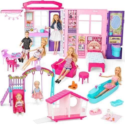 Style Shine Doll House Portable Foldable Dollhouse w 60 Pcs 2 Dolls Play House Toy with Bedroom Bathroom Kitchen Furniture Playset Playhouse Gift for Girl Kid Toddler