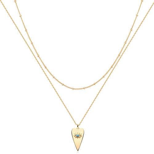 MEVECCO Layered Heart Evil Eye Necklace Handmade 18k Gold Plated Dainty Turquoise Layering Necklace for Women
