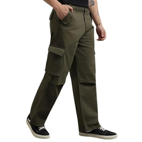 NOBERO Men's Mid Rise Loose Casual Pants (1M-BWCP-R0002_Military Green, Small)