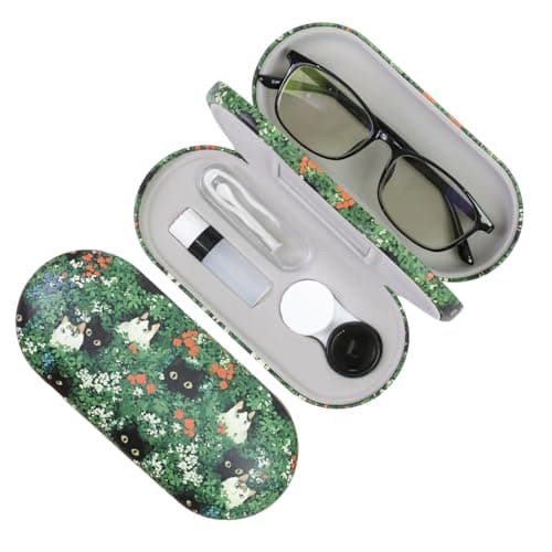 FlyingMage 2 in 1 Contact Lens Case and Eyeglasses Case for Women Men Kids, Double Sided Hard Shell Portable Glasses Travel Holder with Built-in Mirror, Contact Lens Box Storage Kit (Green Cat)