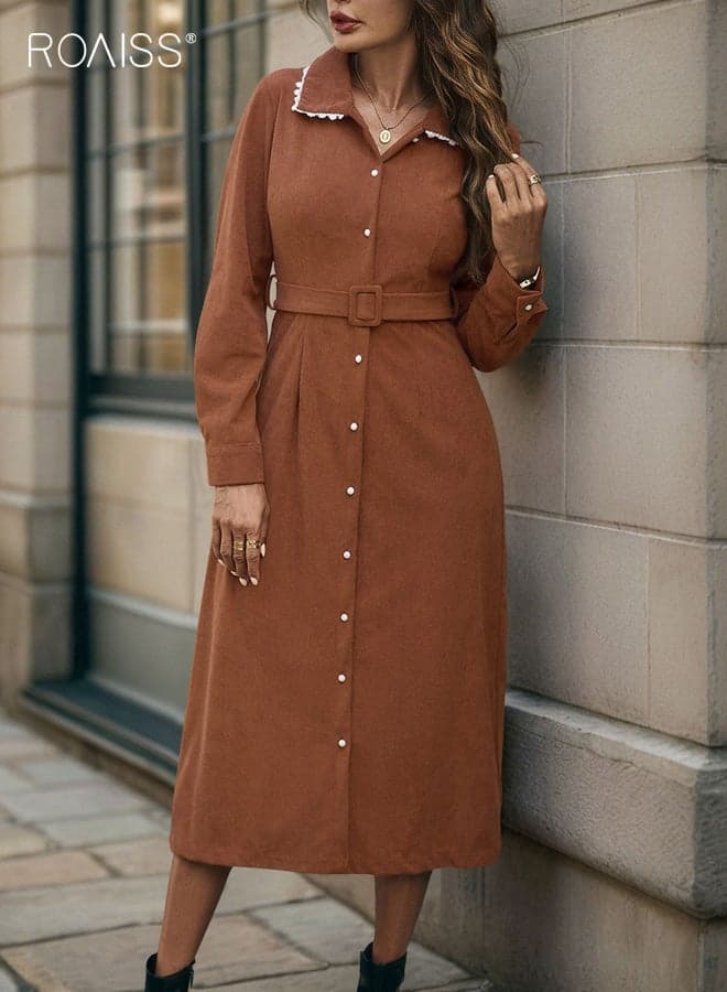 Women's V-neck Dress, Corduroy Shirt Dress, Collar Design with Belt Detail, Long-Sleeve Vintage A-Line High-Waisted Skirt, Fall/Winter Style, Office Commuter Casual Wear, Coffee Brown