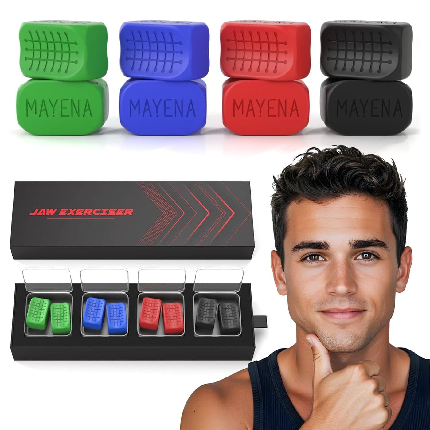 Mayena Jaw Exerciser for Men Women 4 Resistance Levels Silicone Jawline Shaper Set Core Strength Upgraded Model Powerful Jaw Trainer for Multiple Strength Levels Slims Tones the Face