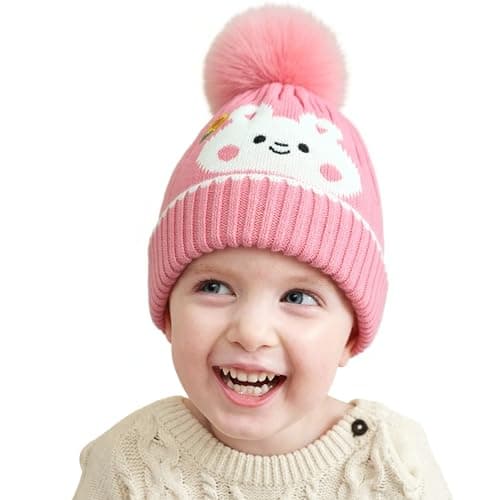 Tomorrow Kids Winter Beanie Hat with Faux Fur Pom Pom - Warm Knitted Slouch Hat for Boys & Girls - Cozy Soft Childrens Winter Cap - Stylish Cold Weather Hat for Toddlers & Kids (Pink)