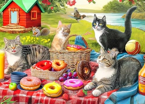 300 Piece Puzzles for Adults Jigsaw Puzzles for Kids Seniors Picnic Kittens and Donut