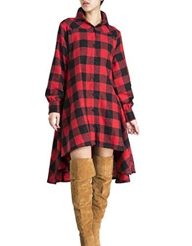 olrain Womens Plaids V Neck Long Sleeve Irregular Hem Casual Shirt Dress (Medium, Red)