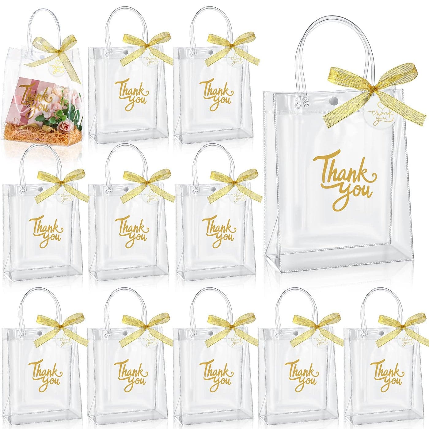 24 Pack Thank You Clear PVC Plastic Bag with Handle Transparent Tote Bag Wedding Gift Bag Ribbon for Baby Shower Party Birthday Favor 8 x 4 x 10 Inch Cute Style