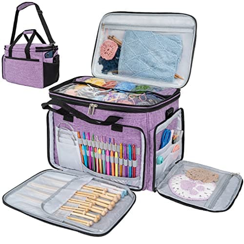 PAVILIA Knitting Bag Yarn Storage Tote, Large Crochet Organizer Bag, Yarn Storage Holder for Crocheting Knitter, Knitting Project Bag, Crochet Accessories Set, Gifts For Crochet Lovers, Heather Purple