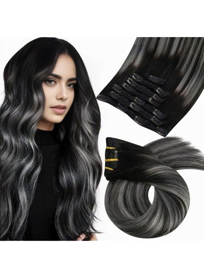 Clip in Hair Extensions Real Human Hair Balayage Black to Silver Hair Extensions Clip in Human Hair Ombre Double Weft Clip in Human Hair Extensions Full Head 18inch 7Pcs 120G
