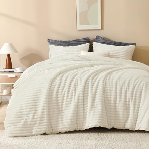 Andency Fleece King Comforter Set, 3 Pieces Beige Comforter Set for King Size Bed, Soft Warm Fluffy Fuzzy Cream Bedding Set for Winter (1 Comforter & 2 Pillowcases)