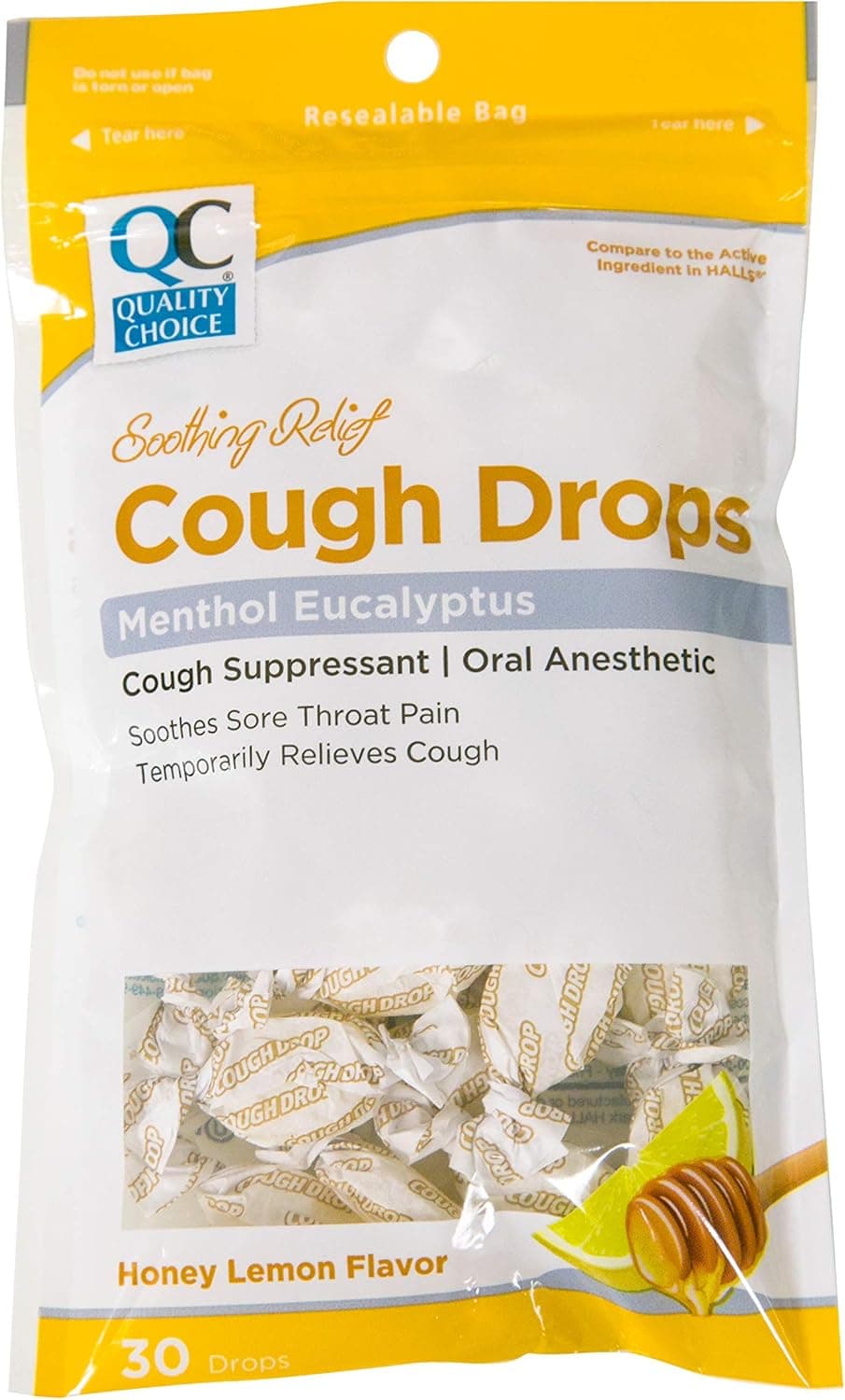 Quality Choice Honey Lemon Flavor Cough Drops, 30 Count Bag, Menthol Cough Suppressant and Oral Anesthetic, Suitable for Adults and Children Over 5 Years, Cold and Flu Relief, Cold Medicine