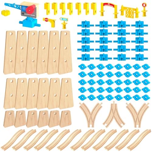 Wooden Train Tracks Build Play Construction Set 115PCS Modular Railway STEM Toys Track Expansion Pack 3 Build Crane Tower Bridge Ascending Track Accessories Compatible with Thomas Brio ORBRIUM