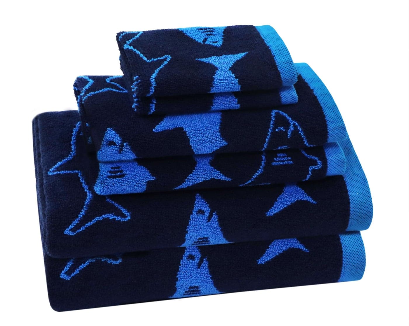ORIGINAL KIDS 6 Piece Towel Set Bath Time Shark Attack 2 Bath Towels 2 Hand Towels 2 Washcloths 100 Cotton Jacquard Soft Absorbent Quick Dry Pool Beach Towel Gift Navy Blue