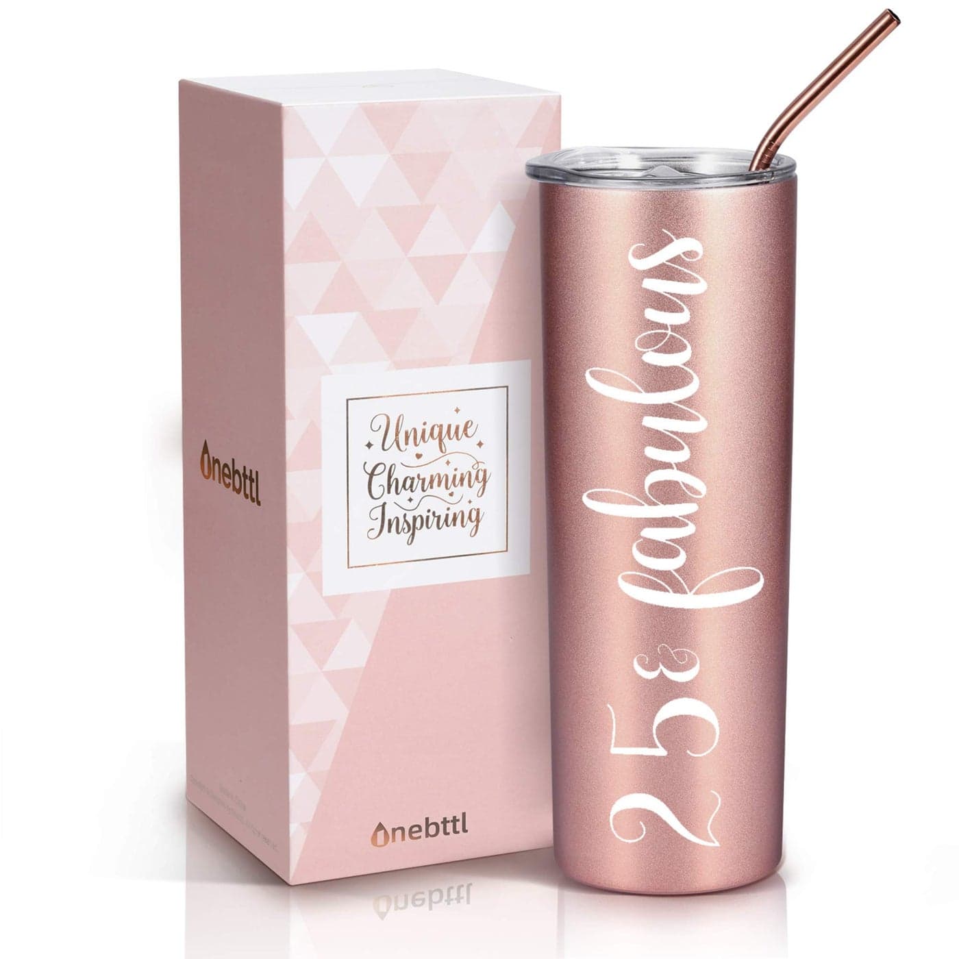 Onebttl 25th Birthday Gifts for Women 25 Fabulous 20 Oz Insulated Stainless Steel Skinny Wine Tumbler for Best Friend Sister Coworkers Rose Gold