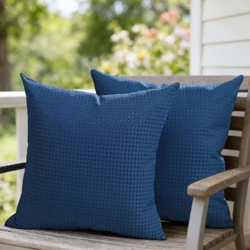 DFXSZ Outdoor Pillow Covers 18X18 Inch Set of 2 Dark Blue Waffle Textured Polyester Pillow Covers Spring Summer Outdoor Waterproof Decor for Patio Funiture Garden 025A18