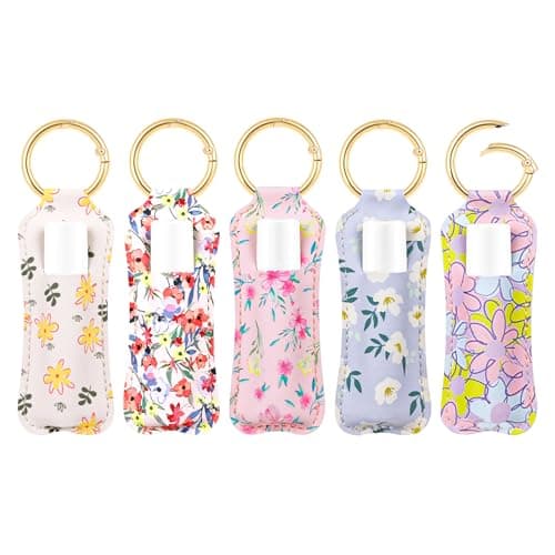 LUCKINEE 5PCS Lip Balm Holder For ChapStick Key Chain Lipstick Holder Key Chain, PU Leather Lip Balm Holder Pouch Keychain Lip Gloss Keychain With O Spring Key Chains Women Cute