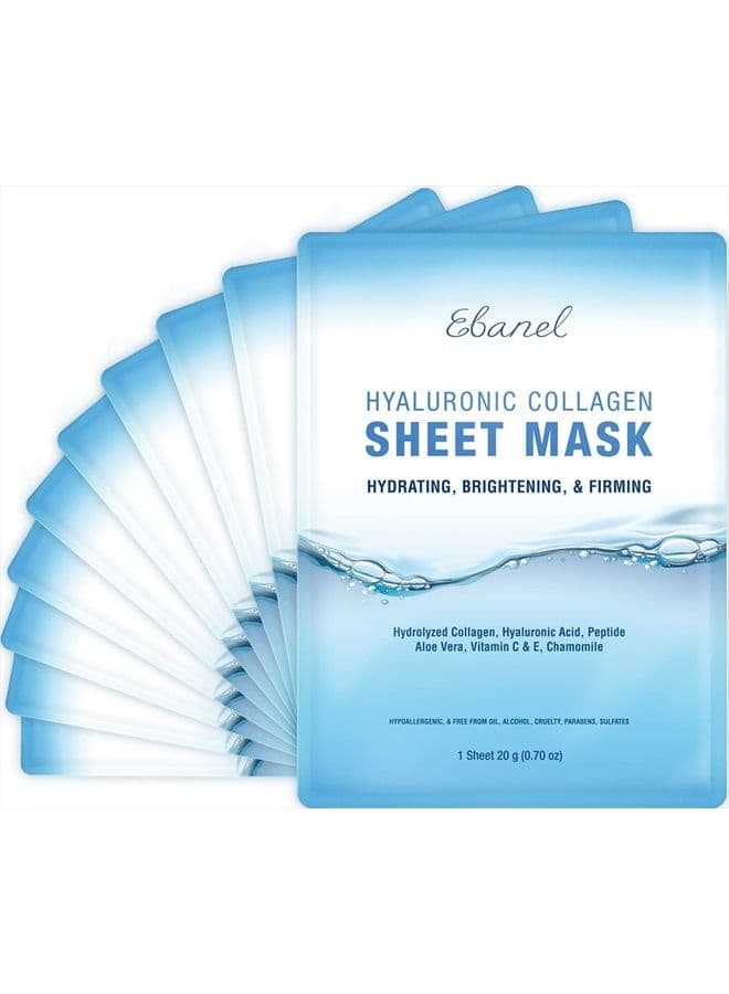10 Pack Collagen, Instant Brightening And Hydrating Face Sheet Mask With Aloe Vera, Hyaluronic Acid, Vitamin C And E, Chamomile, Anti Aging With Hydrolyzed Collagen, Peptide