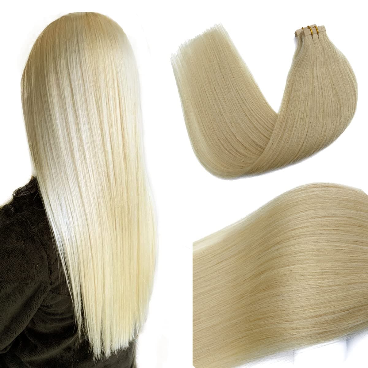 Tape in Hair Extensions Platinum Blonde Human Hair 18 inch 20pcs40grams Seamless Skin Weft Silk Straight Double Sided Invisible Tape in Remy Hair Glue in Extensions 18 inches 60