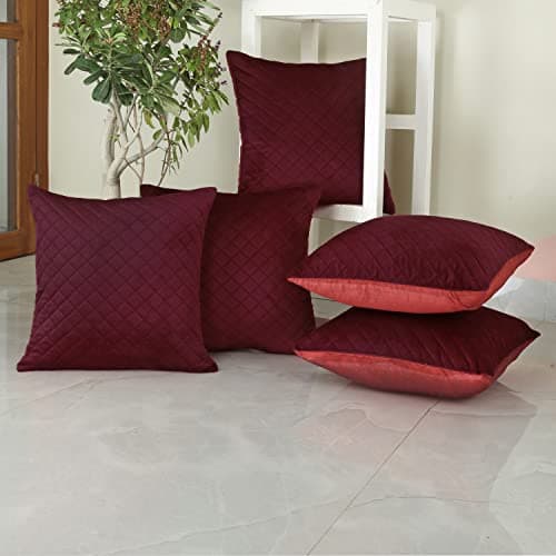Homerz Premium Velvet Solid Colour Cushion Cover, Set of 5, 16 x 16 inch (Red)