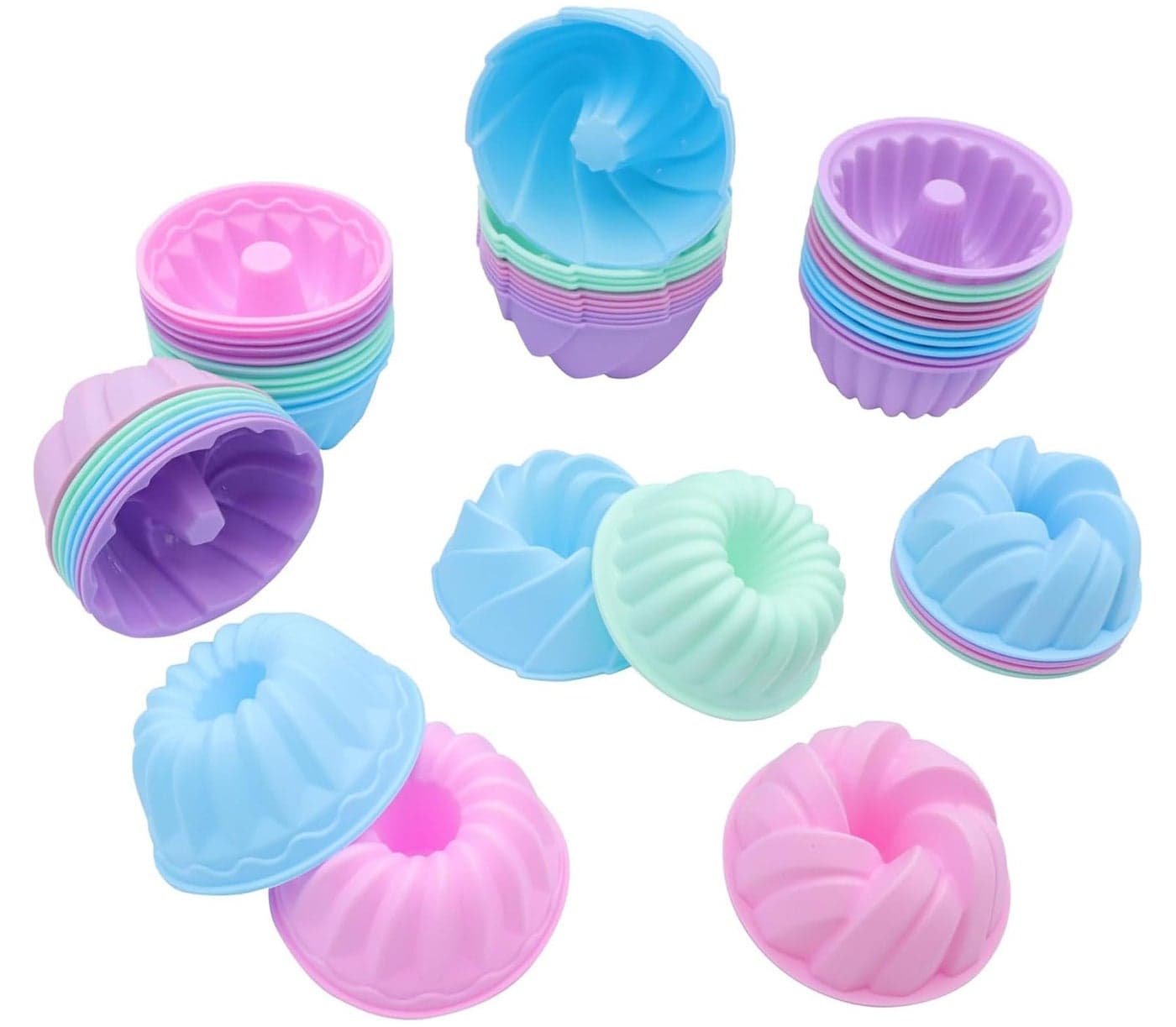 Tongjude 48 Pieces Silicone Donut Mold 315 Diameter 137 Deep Small Reusable Baking Cups NonStick 4 Shape Silicone Molds Heat Resistant Bakeware for Bagel Muffin Jello and Cake Baking