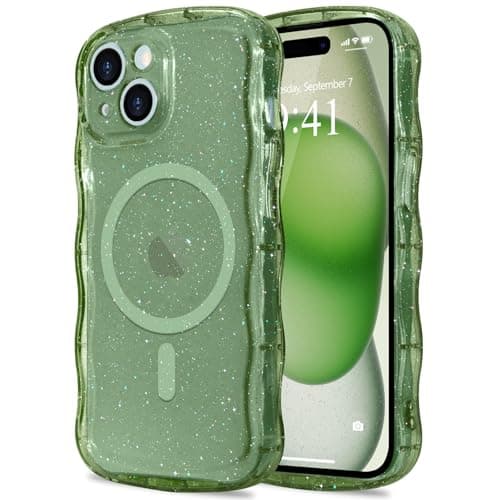Pepmune Magnetic for iPhone 15 Plus Case Clear, Sparkly Bling Glitter Cute Curly Wave Bumper Cover for Women Men Compatible with MagSafe TPU Shockproof Protective Phone Case for iPhone 15 Plus Green