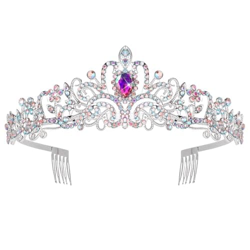 Araluky Silver Tiara and Crown for Women,Jeweled Elegant AB Rhinestones Princess Tiara Costume with Combs Bridal Wedding Prom Birthday Aurora Crown and Rapunzel Girls Tiara gifts for women