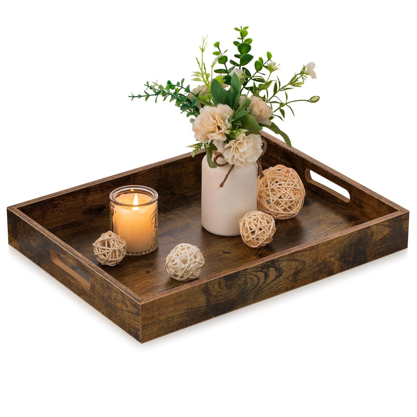 Hanobe Brown Decorative Serving Trays Rustic Brown Rectangle Tray Decor with Cutout Handles for Coffee Table Ottoman Living Room Kitchen Home Decor Large