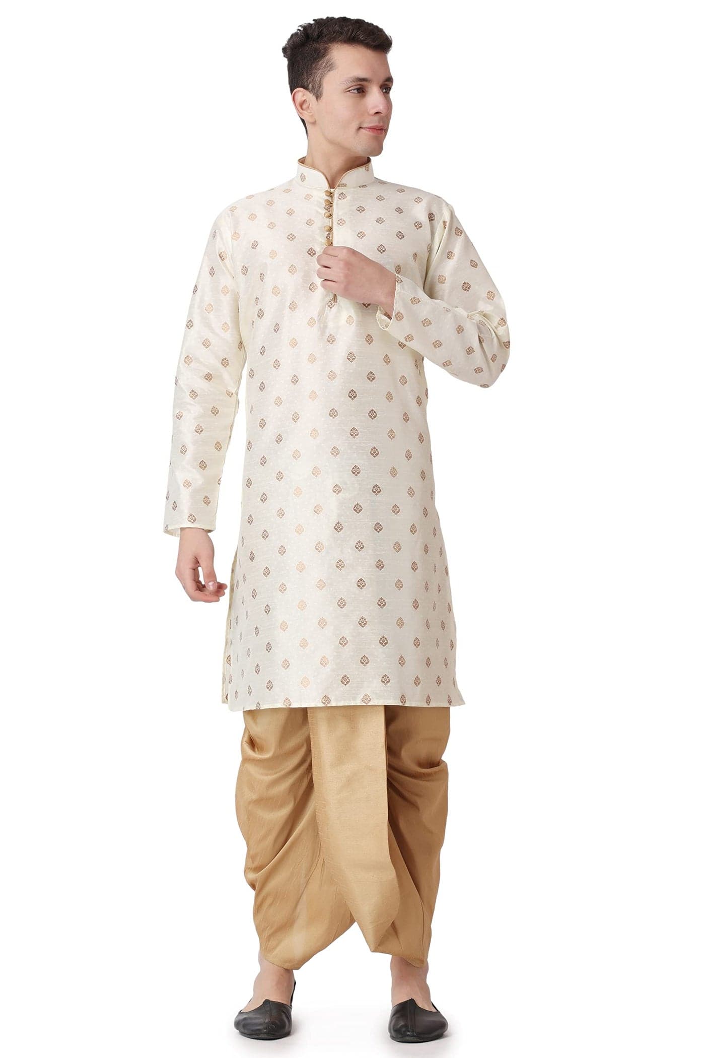 Royal Kurta Men's Silk Blend Printed Kurta Dhoti Set (40, Gold)