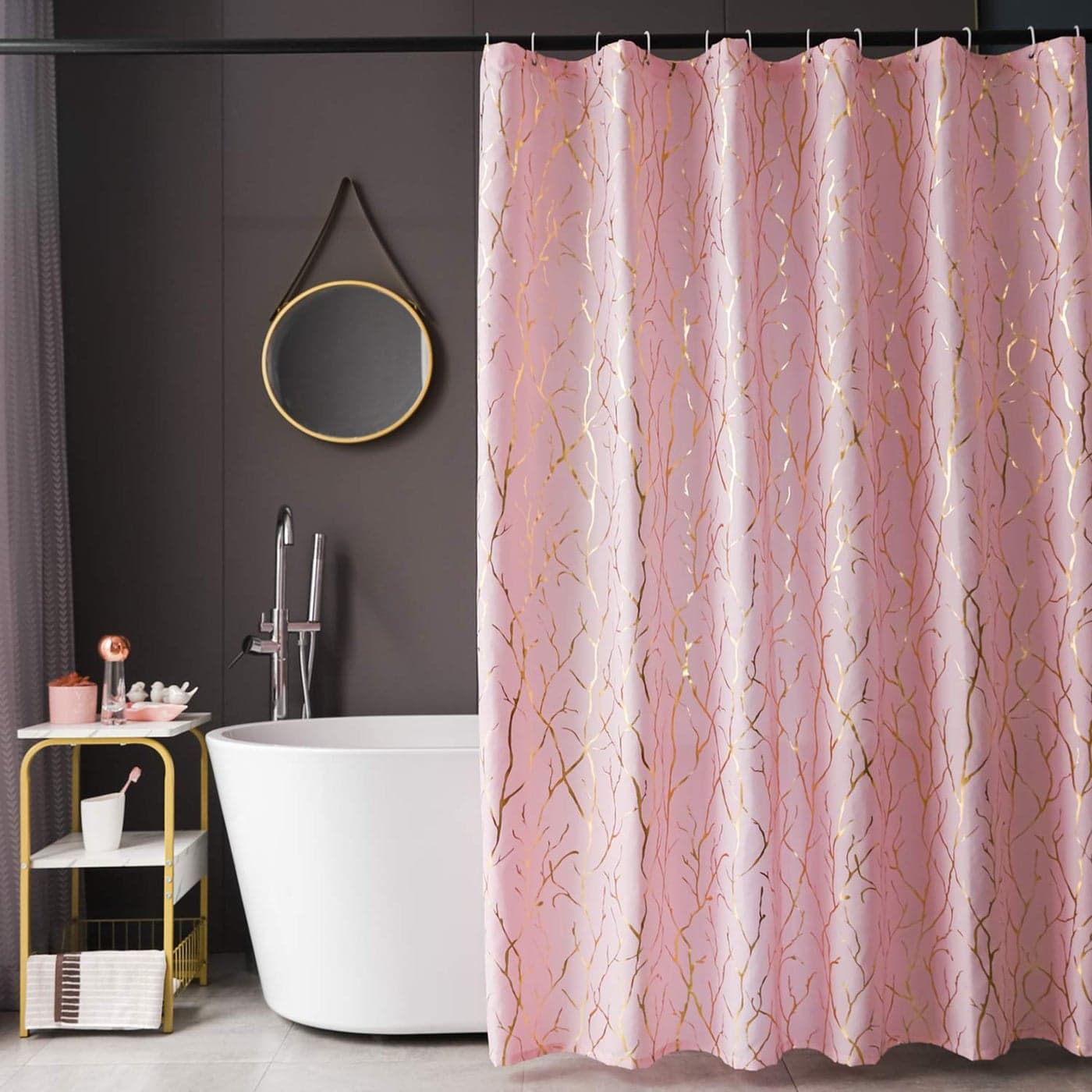 FINECITY Pink Shower Curtain Metallic Gold Foil Branch Pattern Print Pink Shower Curtain 72 Inch Long Grommet Shower Curtain Set with 12 Hooks 72 x 72 Inch Pink and Gold