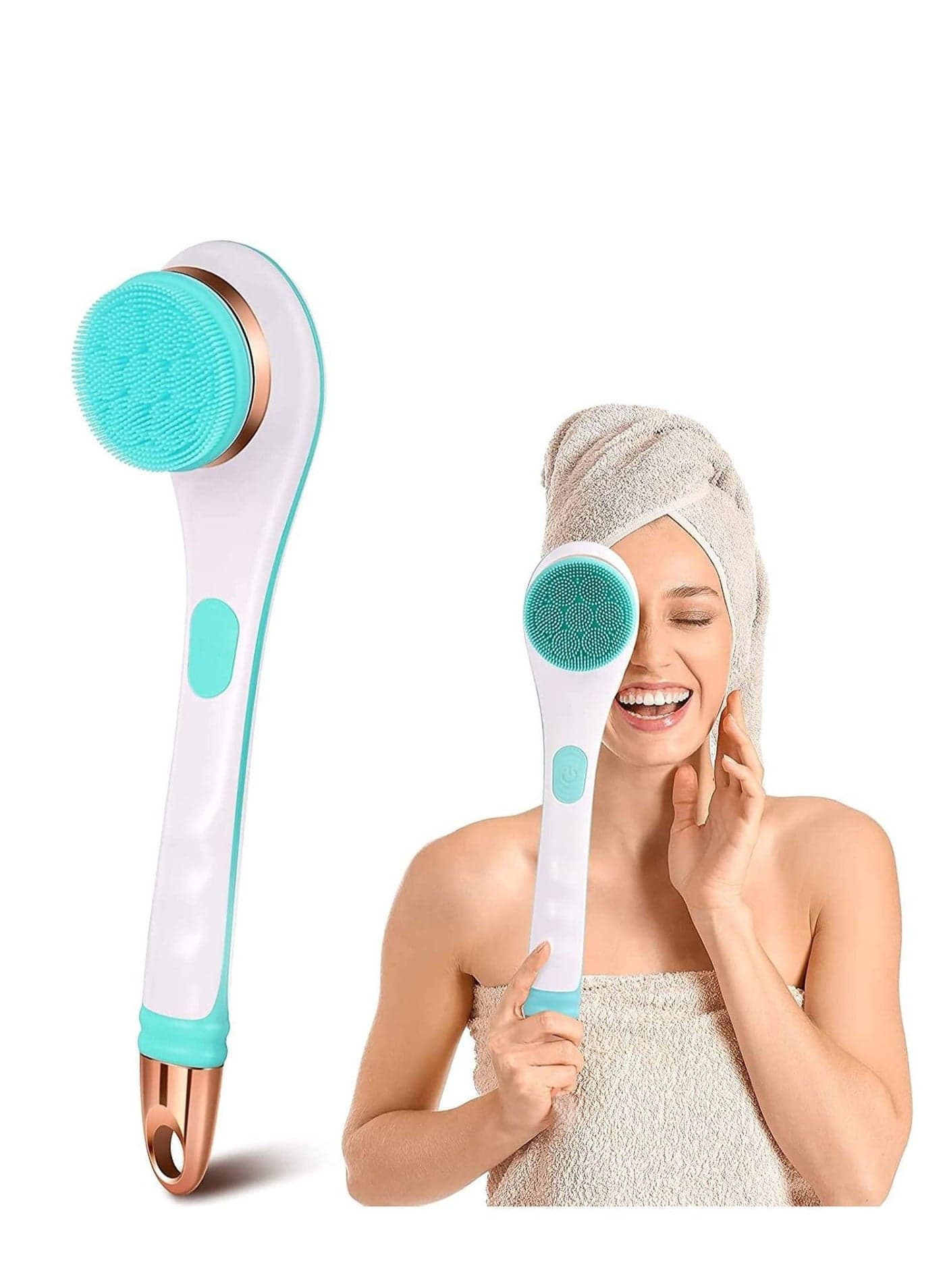 Electric Body Brush, Scrubber Shower Brush with Long Handle, Back 4 Spin Heads, USB Rechargeable Silicone for Cleansing Exfoliation Waterproof and Non-Slip