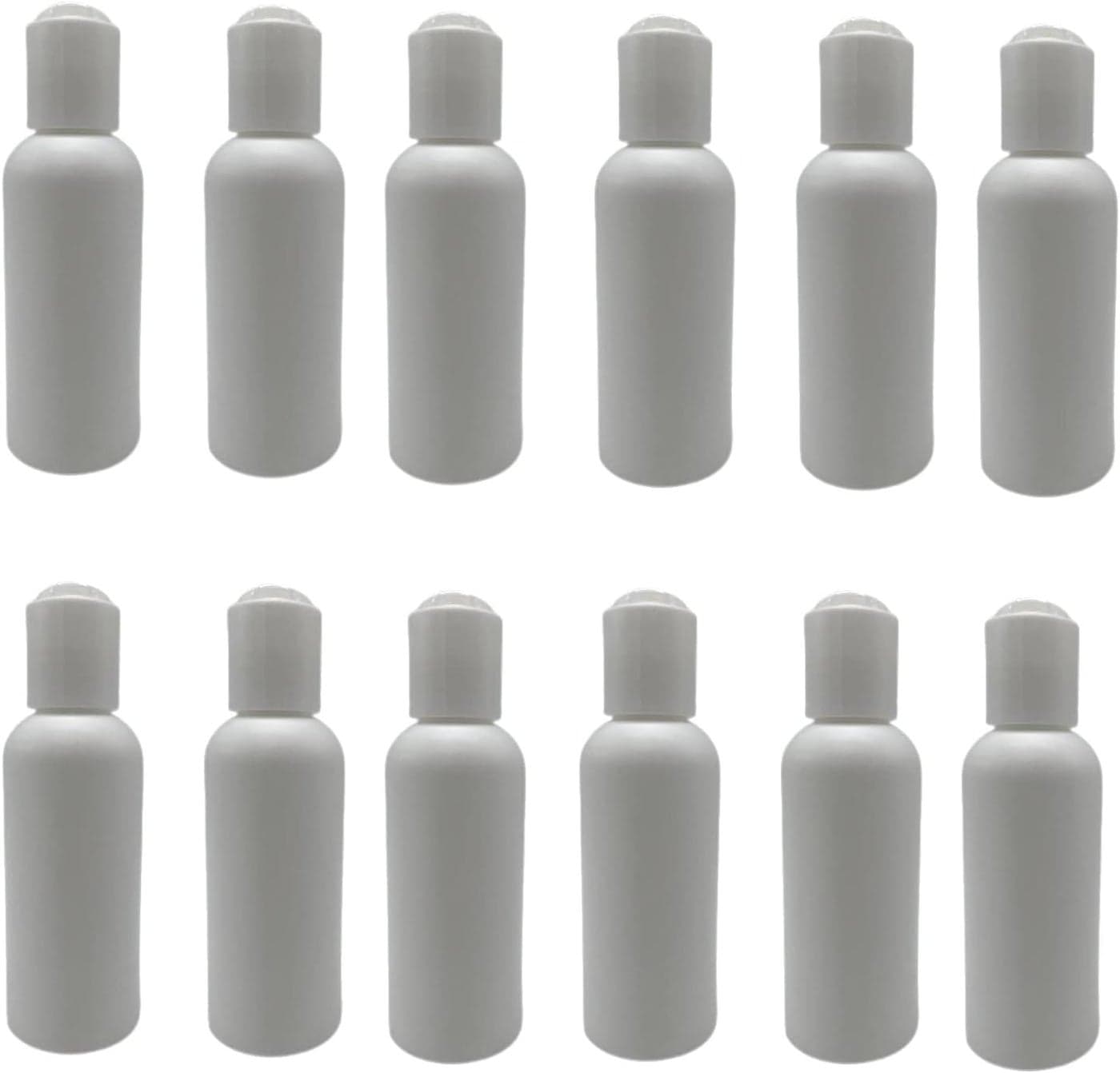 Natural Farms 2 oz White Cosmo Plastic Bottles -12 Pack Empty Bottle Refillable - BPA Free - Essential Oils - Aromatherapy | White Press Down Disc Cap - Made in the USA